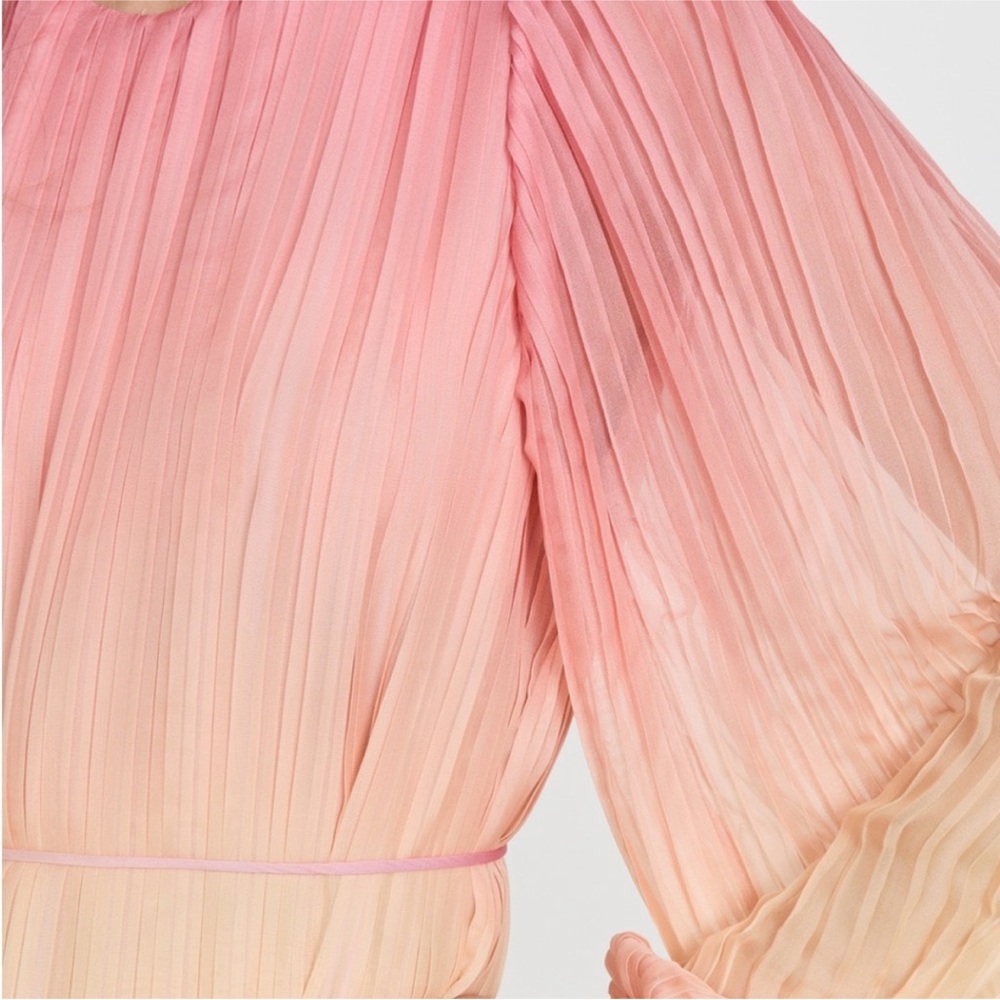 New Something Navy Maxi Dress‎ Pleated Tie Waist Long Sleeve pink combo ombré M - Picture 3 of 15